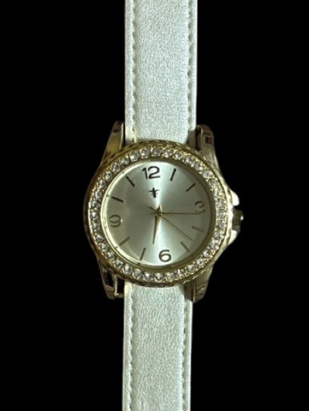 Gold-Tone Crystal Bezel Watch with Champagne Faux Leather Strap